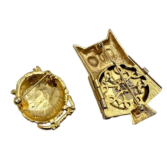 Avon Owl Brooch Set w Original Solid Perfume Rhinestone Eyes Gold Tone Vintage - Picture 3 of 8